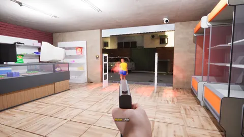 Jugador en primera persona con una pistola dentro del bazar