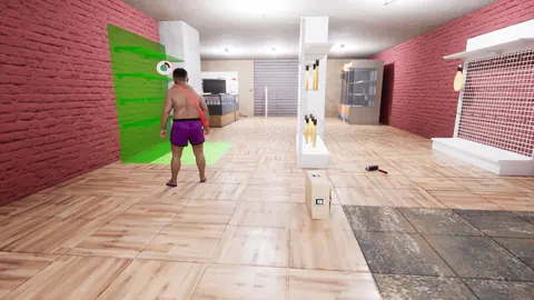 Cliente con pantalón morado dentro de la tienda sobre una zona marcada en verde