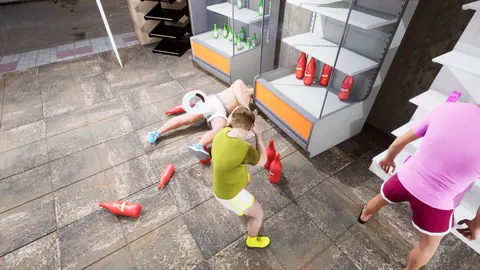 Varios personajes en el suelo entre las estanterías del bazar, con envases rojos tirados