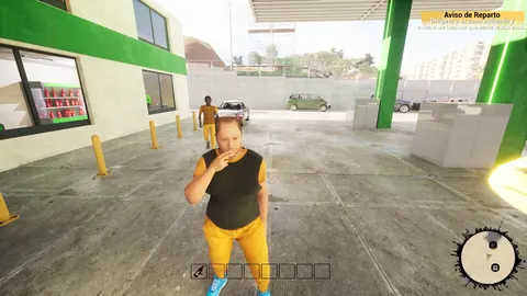 El mismo personaje junto a una gasolinera con marquesina verde