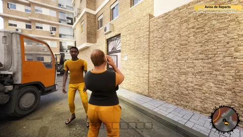 Dos personajes de pie junto al camión de reparto en un patio entre edificios