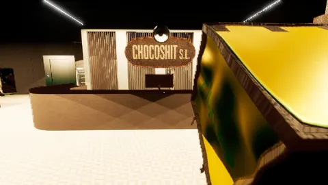 Mostrador de la empresa ChocoShit S.A. en una sala luminosa, en primera persona