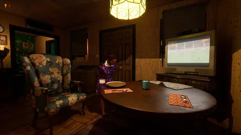 Salón con sillón de flores, mesa y televisión en la casa de la abuela